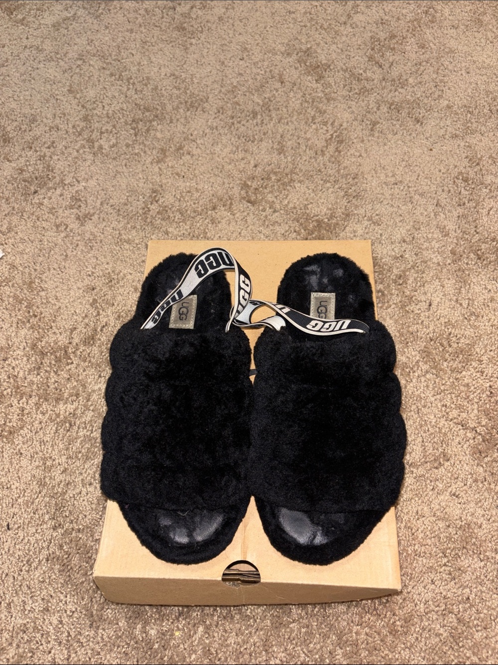UGG Black Fluff Slide Sandals with Branded Heel Strap